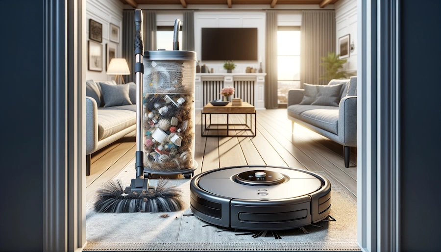 A full dustbin next to a robotic vacuum, highlighting the unseen dirt traditional vacuums catch